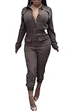 Women's Stylish Long Sleeve Zipper Turn Down Collar Capri Pant Jumpsuit Overalls