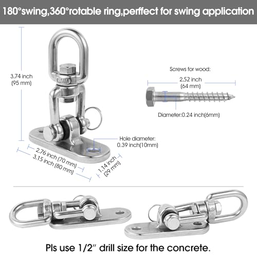 2Pcs2000 lbs Load Capacity 304 Stainless Steel Swing Bracket Porch Swing Hanging Kit 180°C Front and Back Rotation & 360°C Rotation for Swing Set Accessories, Playground, Yoga Hammock, and More
