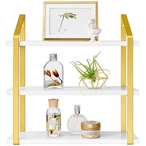 Mkono Floating Shelves 3 Tier White Hanging Shelf with Goldern Metal
