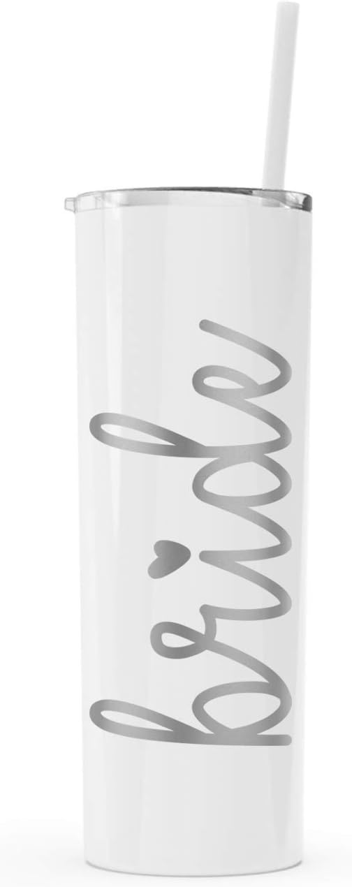 Bride Tumbler Bachelorette Gift | 20 Ounce Stainless Steel Skinny Insulated Tumbler (White)