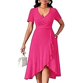 MarryUP Women's Summer Casual Dress Wrap Short Sleeve Semi-Formal Ruffle Hem Ladies Dress for Wedding Guest