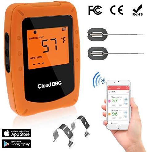 Bluetooth Meat Thermometer, Wireless Digital Barbecue Thermometer, Smart BBQ Thermometer with Two Stainless Steel Probes Remote Monitors for Cooking/Smoker/Kitchen/Oven/Grill, Support iOS and Android