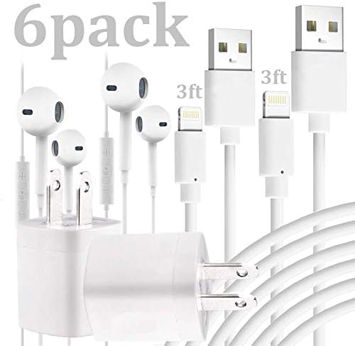 Charging Kit 6-Pack Includes Two 3FT Data Sync Cords with USB Wall AC Brick Chargers Adapters and Two Pairs of Headset Earphones with Mic 3.5mm Comparible with iPhone, iPod, iPad - White
