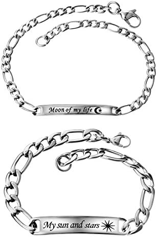 Holove 2Pcs Couple Bracelets His And Hers Stainless Steel Adjustable Bracelet His Beauty Her Beast Her King His Queen Relationship Bracelets Personalised Gifts