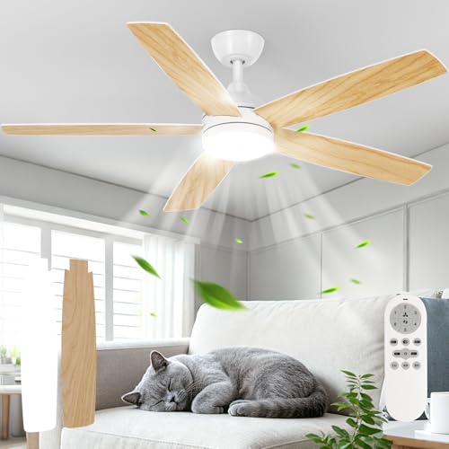 Dorlink Ceiling Fan Lamp with Remote Control, Ø132 cm, 6 Speeds, Timer, 34W DC Motor, Summer-Winter Function, Fan Lamp for Indoor Bedroom, Natural Wood Colour/White