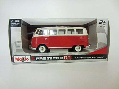 Red and White Volkswagen Samba Van Die Cast: 1:25 VW Scale Model with Removable Canopy