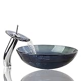 OUBONI Bathroom Round Grey Blue Clear Glass Vessel Sink Basin with Match Waterfall Faucet &Pop-Up Drain Included JN10004