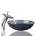 OUBONI Bathroom Round Grey Blue Clear Glass Vessel Sink Basin with Match Waterfall Faucet &Pop-Up Drain Included JN10004