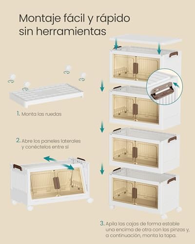 Cajas de Almacenamiento de 4 Niveles, Organizador con 1 Tapa, Cajas Apilables, con Ruedas, de Plástico, con Puerta Magnética, Blanco, 45 L por Nivel, RLB450WZ01