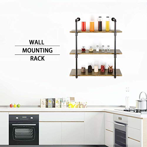 YU YUSING 3 Tier Industrial Pipe Shelf with wood & Metal, Rustic Hanging Wall Shelves for Bedrooms, Bathroom Shelving, Kitchens Coffee Shops or Bar Storage