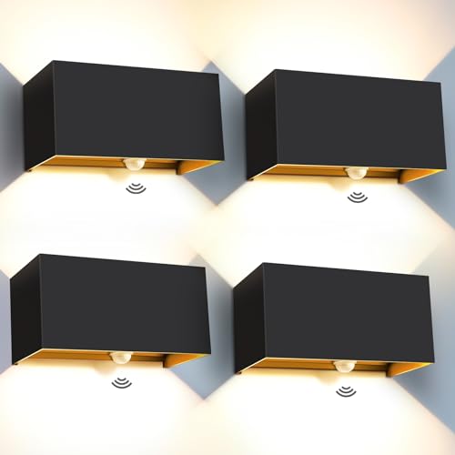 Kingwen Set of 4 Outdoor LED Wall Lights with Sensor 20W Black | Aluminium Wall Lamp, 3000K, 2000lm, 0-120° Adjustable Angle, Class F, for Indoor and Outdoor Use