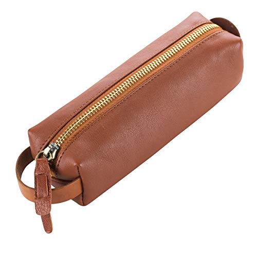 Ancicraft Genuine Leather Handmade Pen Pencil Mark Case Holder Pouch Organizer Bag Purse with Zipper Closure Brown - Thumbnail 7