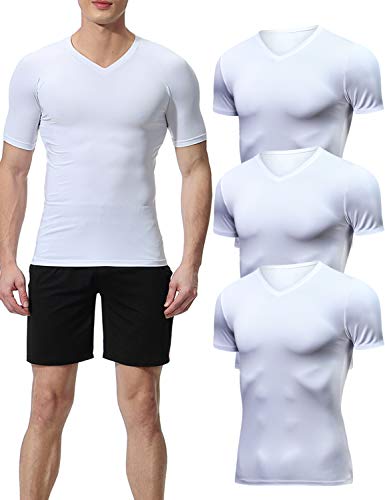 Lavento Men's Compression Shirts Cool Dry Short Sleeve Workout Slimming T Shirt (3 Pack-V Neck White,Large) - Thumbnail 7