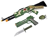 Camo Combat Force Army Soldier 4 Piece Children Kid's Pretend Play Battery Powered Toy Gun Playset w/ Gun, Pistol, Knife, Grenade