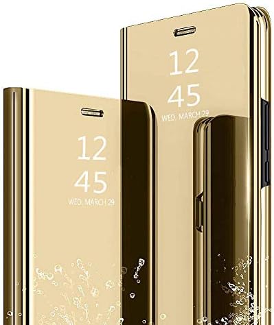 Ptny Flip Case Compatible for Huawei Honor View20 Bumper, [2.0 Upgraded Version] New Luxury Mirror Smart View Clear Standing Flip Cover [Luxury Gold]