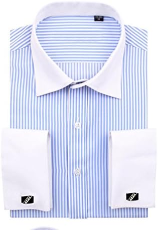 Men's Shirts French Cuff Solid Regular Fit Long Sleeve Dress Shirts With Metal Cufflinks And Metal Collar Stays (X-Large (16.5"Neck / 34"-35"Sleeve), White Light Blue Stripe)