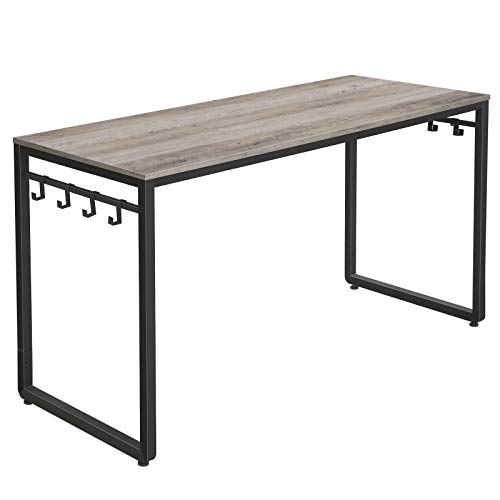 VASAGLE Computer Desk, Office Desk with 8 Hooks, for Study, Home Office, Easy Assembly, Industrial Design, 55.1 x 23.6 x 29.5 Inches, Greige and Black ULWD059B02