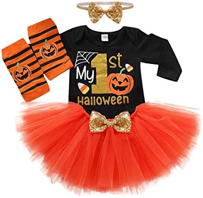 Halloween 3 PCs Infant Baby Girl My First Halloween Thanksgiving Pumpkin Jumpsuit Leotard Newborn Skirt Set