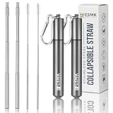 CSMK Designs Stainless Steel Straws: Reusable Metal Straw with Silicone Tips for Drinking - Tumbler Compatible Long Collapsible Metal Straws with Cleaning Brush & Keychain Travel Case - 2 Pack, Chrome