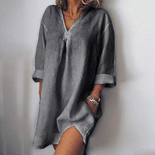 image for HIRIRI Womens Loose Shirts Solid Tunic Dresses Roll-Up 3/4 Sleeve V Ne