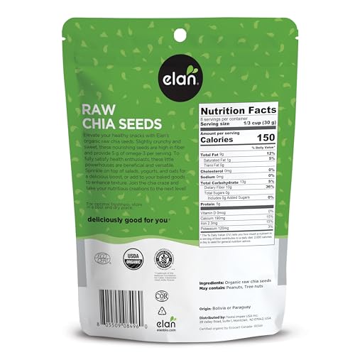 ELAN ORGANIC CHIA SEEDS, 8.8 OZ, NATURAL RAW BLACK CHIA SEEDS, PLANT-BASED, NON-GMO, VEGAN, GLUTEN-FREE, KOSHER, GELS EASILY, SUPERFOOD