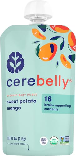 Cerebelly Baby Food Pouch – Sweet Potato Mango, Organic Fruit & Veggie Purees, Great Snack for Toddlers, 16 Brain-supporting Nutrients from Superfoods, No Added Sugar