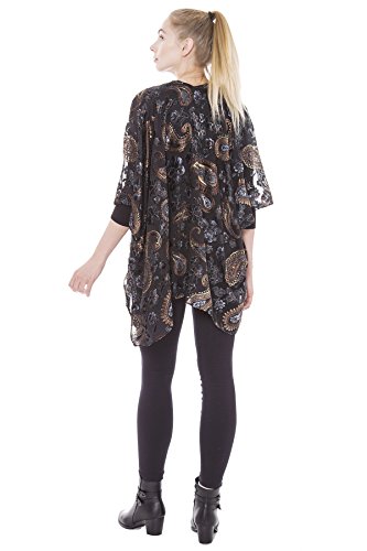 BYOS Boho Stylish Semi Sheer Mesh Open Front Burnout Floral & Paisley Print Velvet Kimono Cardigan Robe (Black Paisley)