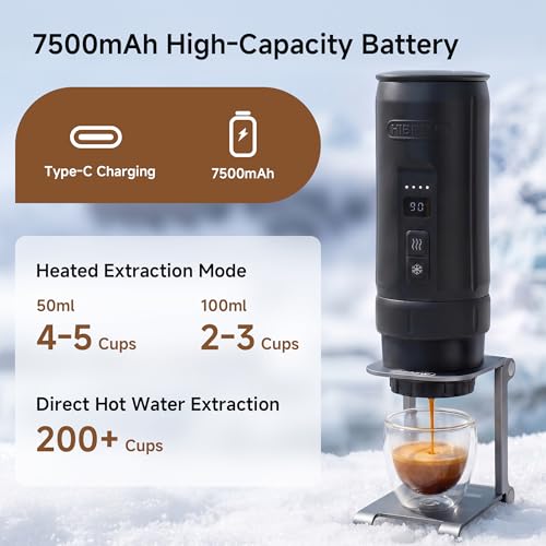 HIBREW H4C Explorer - Cafetera Espresso Eléctrica Portátil, Recargable USB-C para Cápsulas y Café Molido, Compacta para Camping y Viaje, con Soporte Plegable y Bolsa de Transporte (Negro)