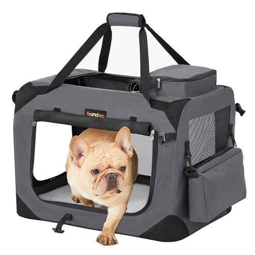 Feandrea Foldable Pet Carrier Bag, Portable Dog Travel Crate, Soft Sided Dog Cat Pet Travel Carrier Large Dog Crate for Car with Breathable Mesh and Storage Pockets, 60 x 42 x 42 cm, Grey PDC60GY