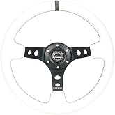 NRG Innovations NRG-RST-006BK-WT-B Reinforced Steering Wheel 350mm Sport Steering Wheel (3" Deep), Black Spoke with Round holes, White Leather, White Stripes