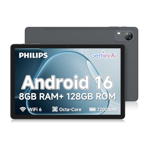 Android Tablet 11″ – Philips T7310, 8GB RAM + 128GB ROM, 1TB Expandable, Octa-Core T616, 7200mAh Battery, HD Eye Protection Display, WiFi 6, Dual Cameras, Android 16, Gemini AI, GPS, WiFi 6, BT 5.2