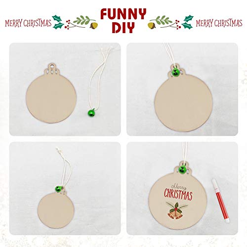 LovesTown 60 Pcs Unfinished Christmas Wooden Ornaments, Unpainted Christmas Ornaments 12 Styles Craft Wood Kit with 60 Pcs Colored Jingle Bells DIY Christmas Ornaments for Holiday Decoration