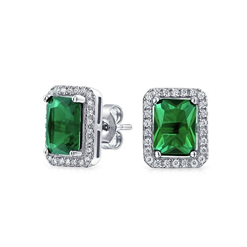 3.5 CT Emerald Cut Green Cubic Zirconia Simulated Emerald CZ Halo Stud Earring For Women Rhodium Sterling Silver