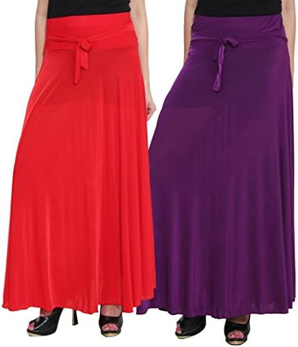 Numbrave Women's Flared Style Lycra Maxi Skirt Free Size Red &amp; Purple (2 Pack)