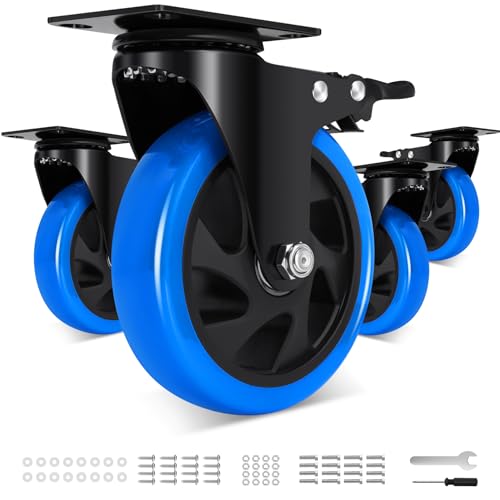 Humagineer 125 mm Furniture Casters with 4 Brakes, Heavy Duty Wheels for Heavy Loads, 1000 kg, Polyurethane Wheels with Double Brake, Silent and Durable Route for Furniture, Trolleys, Set of 4