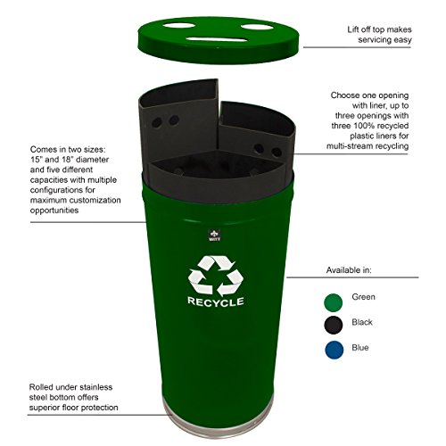 Witt Industries 18RTGN Steel 33-Gallon 3 Opening Recycling Container with 3 Plastic Liners, Legend "Recycle", Round, 18" Diameter x 33" Height, Green - Thumbnail 2