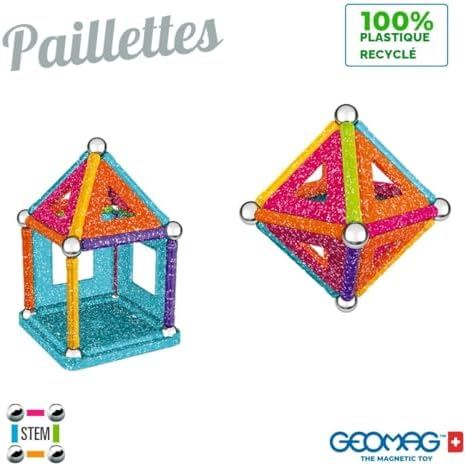 , Glitter Recycled, Constructions Magnétiques Pailletées, Barrettes Magnétiques Pailletées et Colorées, Pack de 35 Pièces, 100% Plastique Recyclé