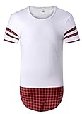 LILBETTER Mens Hipster Hip Hop Plaid Longline T-shirt (White Red S)