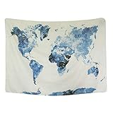 BLEUM CADE Blue Watercolor World Map Tapestry Abstract Splatter Painting Tapestry Wall Hanging Art for Living Room Bedroom Dorm Home Decor 59"X51"