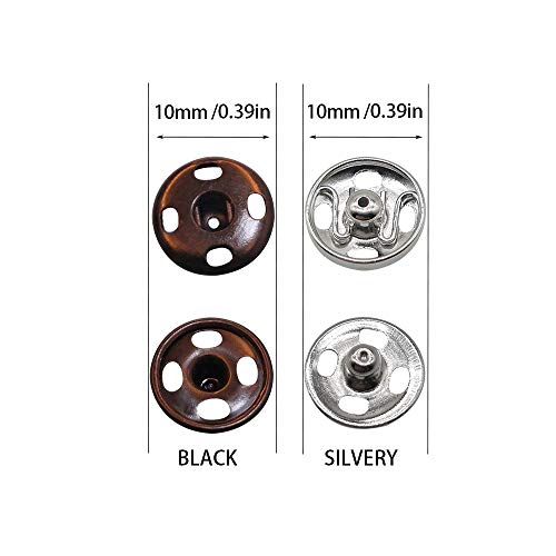 Meikeer 100 Sets Sew-on Snap Buttons Brass Snap Fastener Buttons Press Button Sew on Press Studs for Sewing Clothing Silvery and Black(10mm)