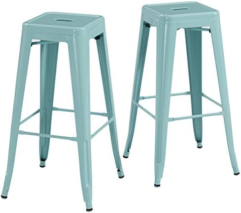 Set of 2 Dusty Aqua Blue Tolix Style Metal Bar Stools in Glossy Powder Coated Finish - Includes ModHaus Living (TM) Pen
