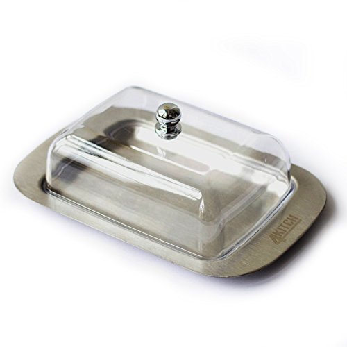 High Quality Durable Butter Dish/Cheese Container by 4KITCH: Stainless Steel Base Rust Resistant – See Through Plastic Lid With Practical Knob – Minimalistic Design – Cleans Up Easily Dishwasher Safe