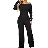 Ninimour Womens 2 Piece Outfits Off Shoulder Long Sleeve Foldover Top and Wide Leg Pant Lounge Set Ribbed Casual Matching Set