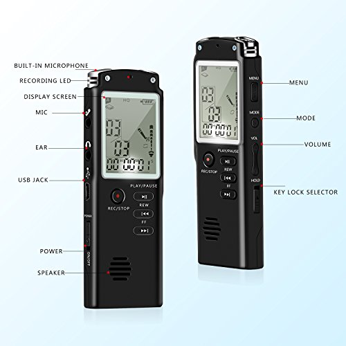 Voice Recorder - Dual Microphone 8gb Digital Voice Activated Recorder with MP3 Player, Rechargeable HD Audio Recorder, A-B Repeat and 1 Touch Recording Best for Lectures/Meeting/Interview (1536kbp