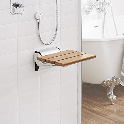 Modem Bamboo Wooden Folding Shower Seat Chrome Hinges & Narrow Base