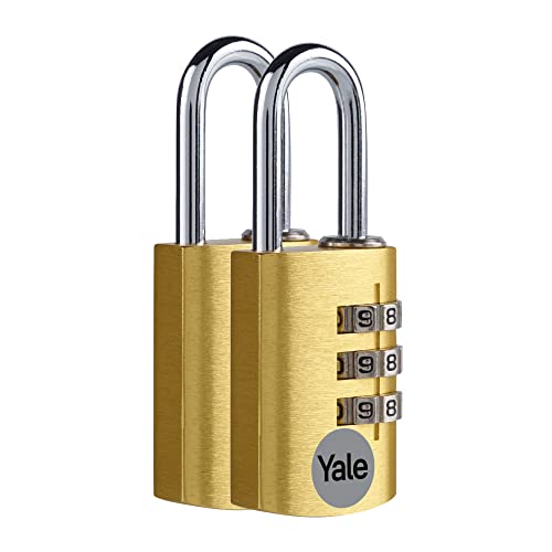 Yale - YE3CB/20/121/2/GO Standard Security 20mm Aluminum Combination Padlock - Gold - Open Steel Shackle - 3 Digit Combination Lock, Set of 2