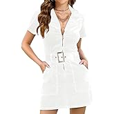 HUEOBIR Women's Corduroy mini Dress with Short Sleeve Lapel Zip Belt Cowgirl Dress with Pockets