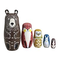 Helen-sky 5pcs Wooden Russian Nesting Dolls Cartoon Bear Fox Owl Matryoshka Dolls Handmade Kids Christmas Birthday Gift Home Decorations (5 pcs)