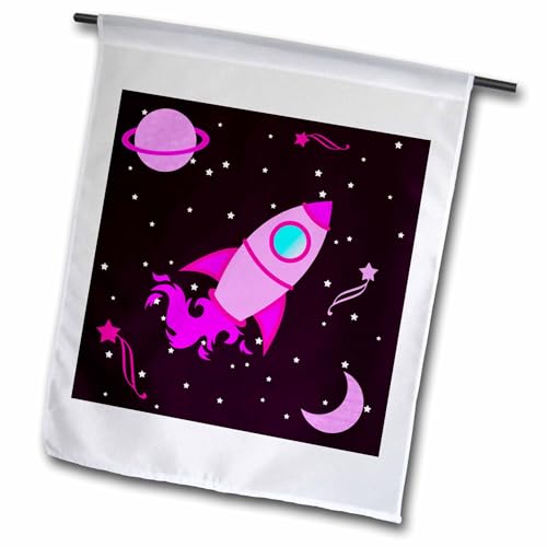 3dRose fl_12155_1 Cute Purple Girl Cute Rocket Ship in Space Garden Flag, 12 by…