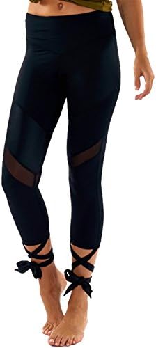 BOOMLEMON Women's Cutout Tie Cuff Yoga Legging Workout Tights Mesh Fitness Pants (Black S/Tag M)